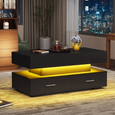 Hydraulic Lift Top Coffee Table, LED Coffee Tables With Storage For Living Room, Coffee Table With 2 Drawers & LED Light For Dining Reception Room, Black