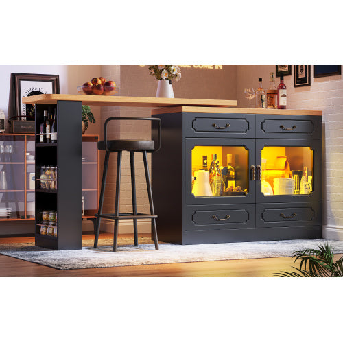 360 Rotation, Bar Table Main Body 135-203 X 39 X 92.8 Cm, Coffee Bar Furniture, Rotatable Dining Bar With Storage, Kitchen Island, Double Doors With Four Drawers, 3-tier Open Storage Space, Black