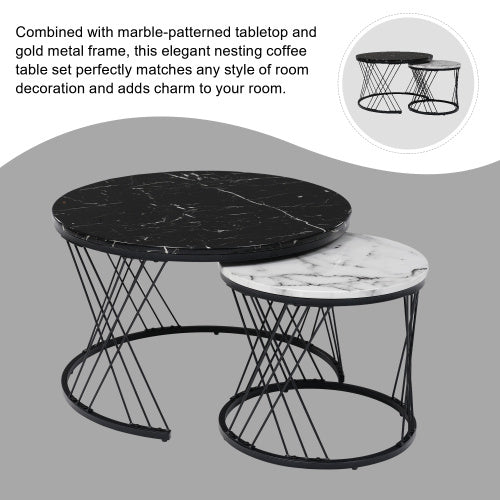 Round Coffee Table, Modern Coffee Table Set Of 2 Marble Pattern Top With Metal Frame, Small Side Table, End Table For Living Room, Bedroom, Home Office, Farmhouse, White And Black