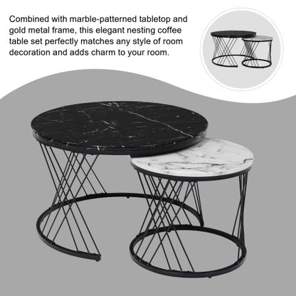 Round Coffee Table, Modern Coffee Table Set Of 2 Marble Pattern Top With Metal Frame, Small Side Table, End Table For Living Room, Bedroom, Home Office, Farmhouse, White And Black