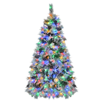 6FT Pre-Lit Spruce Snow Flocked Christmas Tree With Pine Cones, Artificial Xmas Tree With 403 Branch Tips,Mixed PE  PVC Branches, 250 Multi-Color LED Lights, 11 Flashing Modes, Holiday Decor
