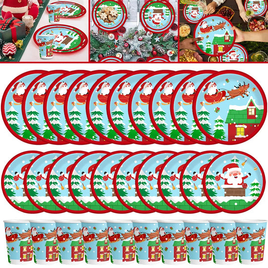 30Pcs Christmas Party Tableware Set 7 And 9 Inch Elk Claus Paper Plates 3.5 Inch Paper Cup Cute Xmas Disposable Cups For Xmas Holiday Dinner Supplies