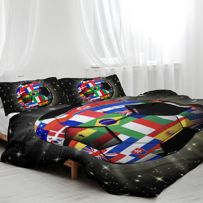 3D Soccer Ball Bedding Set Football World Flags Print Duvet Cover Sets For Teen Boys Sports Bedding Sets Universe Stars Black Bed Quilt Cover