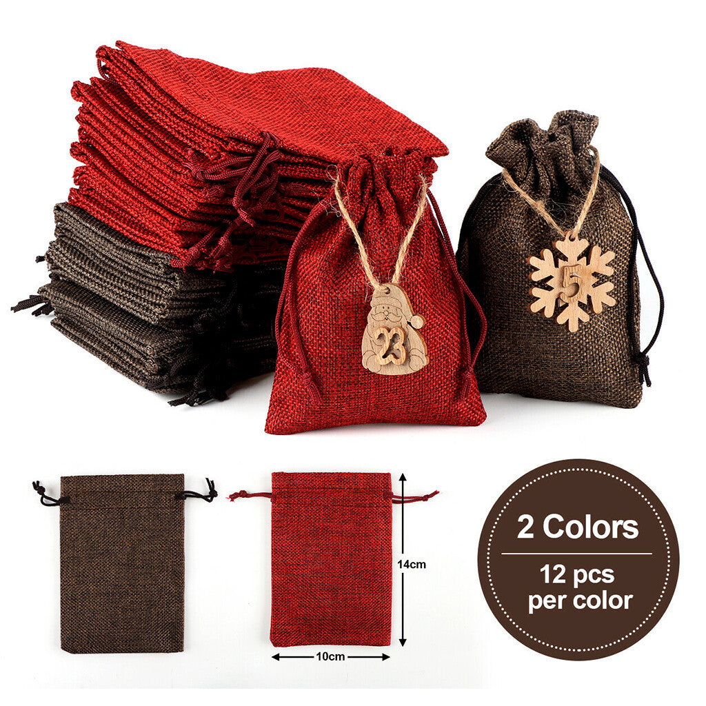 24 Pieces Christmas Advent Calendar Bags With Clips And String -Festive DIY Countdown Gift Bags For Candies, Toys And Holiday Decorations, Numbered From 1 To 24, Featuring Santa, Snowmen And Gingerbr