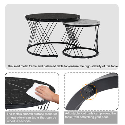 Round Coffee Table, Modern Coffee Table Set Of 2 Marble Pattern Top With Metal Frame, Small Side Table, End Table For Living Room, Bedroom, Home Office, Farmhouse, White And Black