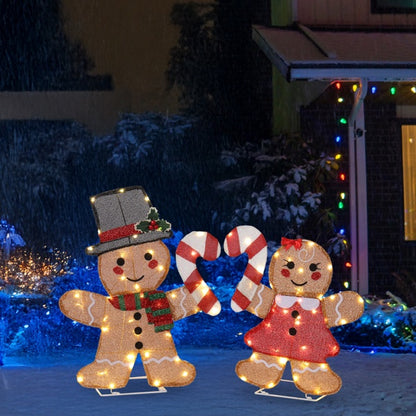 Set Of 2 Lighted Gingerbread Man And Candy Cane Christmas Decorations, Pre-lit 2D Holiday Decor With 80 Warm White LED Lights For Xmas Outdoor Indoor Decor Lighted Holiday Displays