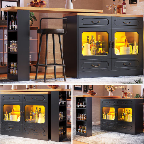 360 Rotation, Bar Table Main Body 135-203 X 39 X 92.8 Cm, Coffee Bar Furniture, Rotatable Dining Bar With Storage, Kitchen Island, Double Doors With Four Drawers, 3-tier Open Storage Space, Black