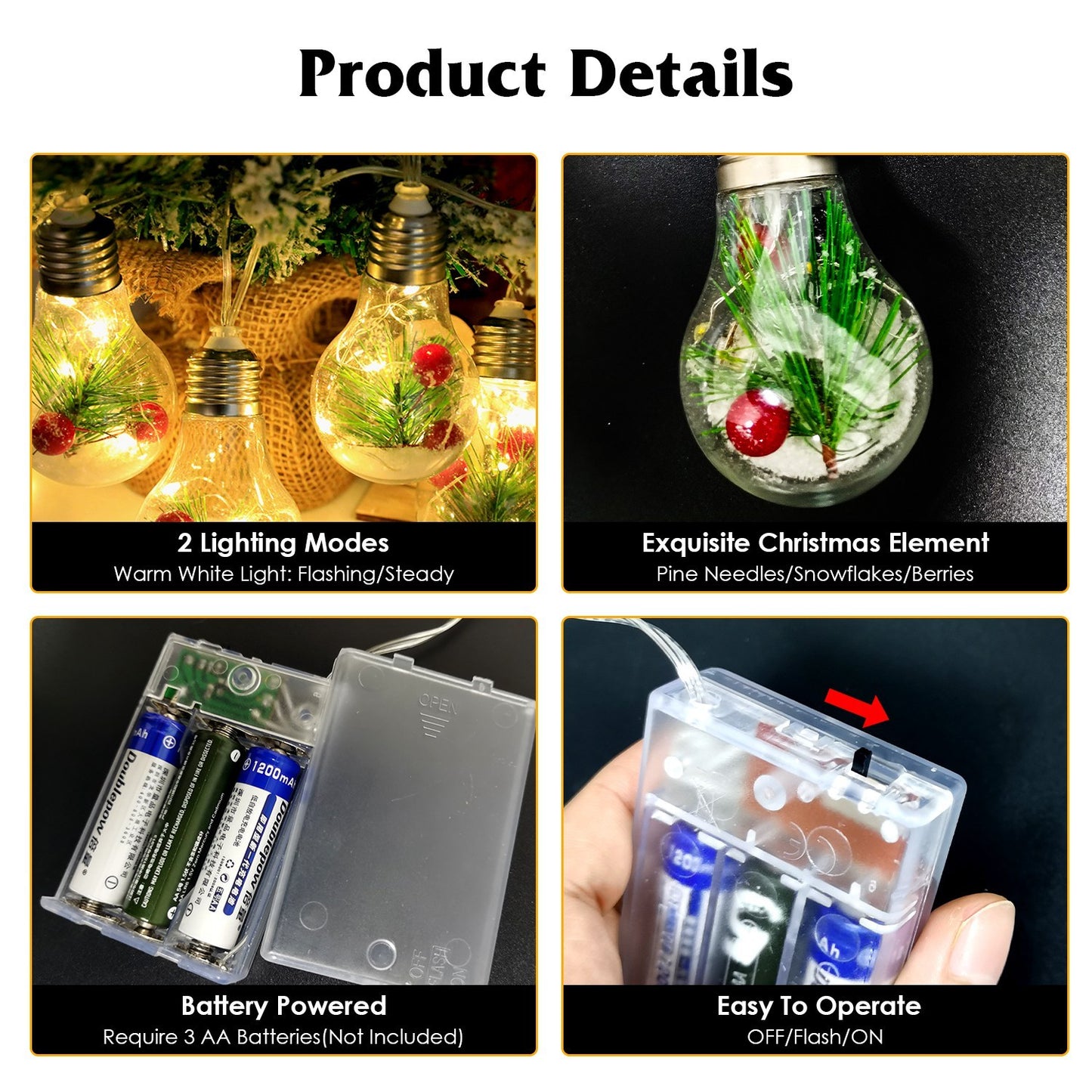 1Pc 13.78FT Christmas Snow Globe String Light Battery Powered 10 LED Bulbs Indoor Christmas Lights With Pine Needles Snowflakes Berries