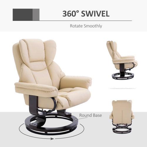 HOMCOM 360 Swivel Recliner Chair With Footstool, PU Leather Manual Recliner Armchair With Solid Wood Base, Upholstered Reclining Chair For Living Room, Bedroom, Office, Cream