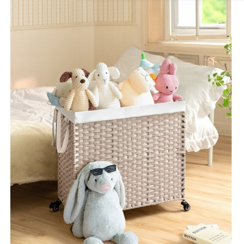 Laundry Hamper With Lid PE Rattan Powder Coating Frame Clothes Hampers With 02 Removable Bags, Wheels, 160L, Gray Color