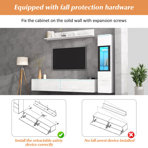 Set Of 3 TV Wall Unit, LED TV Stand, High Gloss TV Cabinet, White Living Room Furniture Sets Frontal Wall Unit, 1 X TV Cabinet, 1 X Living Room Display Cabinet, 1 X Hanging Shelf