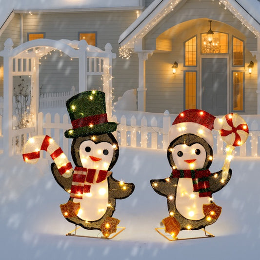 Set Of 2 Lighted Penguin And Candy Cane Christmas Decorations, Pre-lit 2D Holiday Decor With 80 Warm White LED Lights For Xmas Outdoor Indoor Decor Lighted Holiday Displays