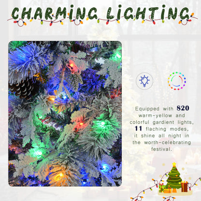 6FT Pre-Lit Spruce Snow Flocked Christmas Tree With Pine Cones, Artificial Xmas Tree With 403 Branch Tips,Mixed PE  PVC Branches, 250 Multi-Color LED Lights, 11 Flashing Modes, Holiday Decor