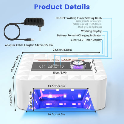 1Pc 120W Cordless UV Nail Lamp Rechargeable Gel Curing Lamp Gel Polish Light Nail Dryer With LED Display 1S To 120S Timer Settings 30 LED Beads For Salon And Home