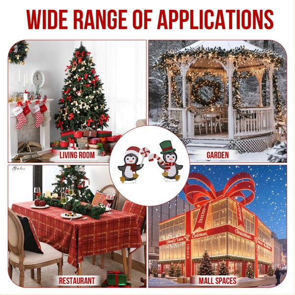 Set Of 2 Lighted Penguin And Candy Cane Christmas Decorations, Pre-lit 2D Holiday Decor With 80 Warm White LED Lights For Xmas Outdoor Indoor Decor Lighted Holiday Displays