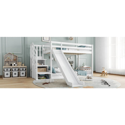 Bunk Bed With Stairs And Slide, Solid Pine Wood Frame, Children Bed, Storage Stairs, 90x190cm, White