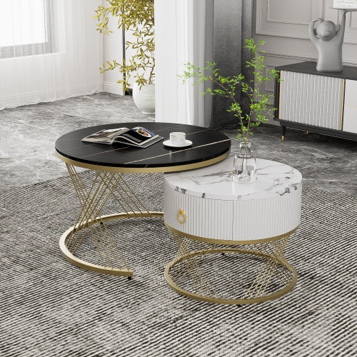 Elegant Nesting Coffee Table Marble Look Gold Decor,Side Table With Drawers  Set Of 2