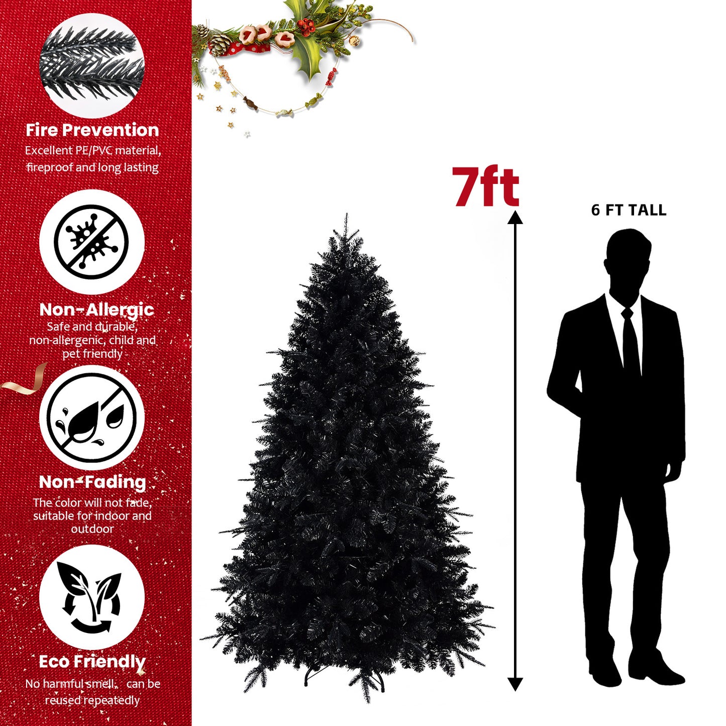Prelit Black Christmas Tree With White Lights Artificial Fake Christmas Tree With PE&PVC Branch Tips For Halloween And Xmas Tree For Holiday Decorations, Metal Stand And Hinged Branches