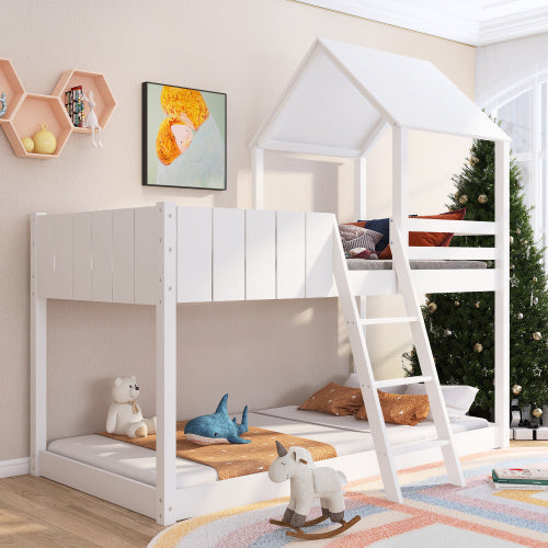 Wooden Bunk Bed, Loft Bed With Ladder And Guard Rail, Mid-Sleeper Cabin Bed, 3 FT Single Treehouse Canopy, Shaped With Space-Saving Design For Children& Kids Home White-90x190 Cm
