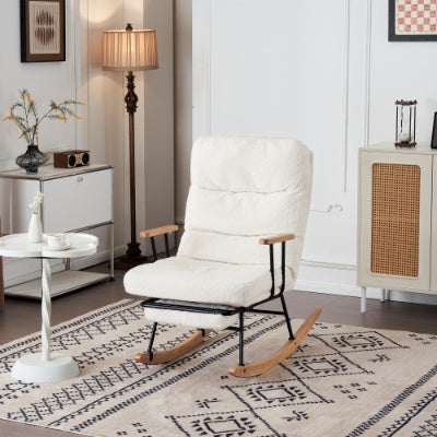 Rocking Chair, Boucle Fabric Tufted Rocking Chair, Armchair With Metal Legs And Wood Base, High Back Rocking Tub Chair With Comfortable Footrest And Adjustable Recliner For Living Room, Bedroom, White