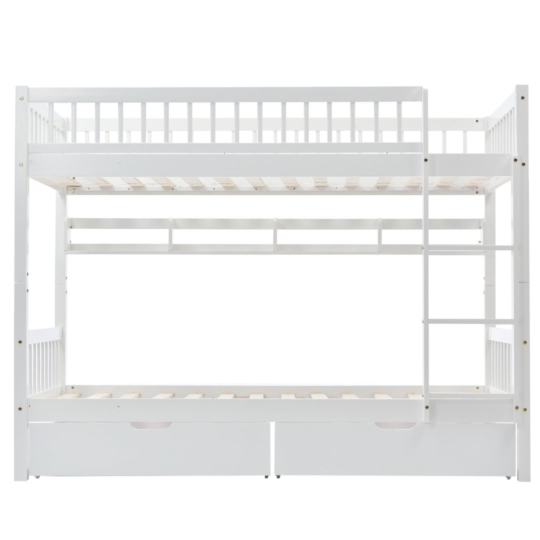Bunk Bed, Kids Children, 3FT Solid Pine Wood Single Bed Frame & Under Bed Slide Drawer Storage, With Shelf, White 90x190cm