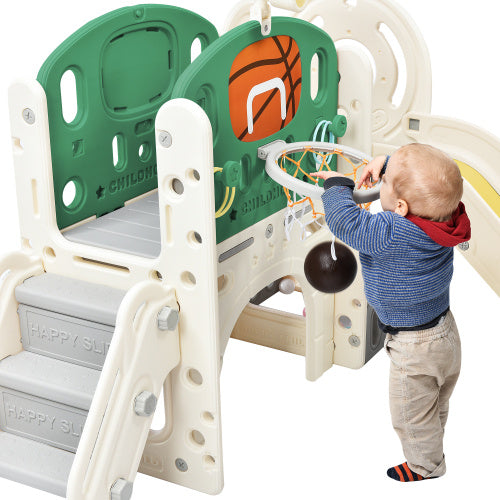 Children's Combo Slide, Features A Long Slide, Storage Box, Tunnel. Stair Ladder, Basketball Hoop And Passage Area.Toddler Slide. Easy Assembly And Convenient Storage. High-Quality Materials-HDPE.