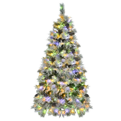 6FT Pre-Lit Spruce Snow Flocked Christmas Tree With Pine Cones, Artificial Xmas Tree With 403 Branch Tips,Mixed PE  PVC Branches, 250 Multi-Color LED Lights, 11 Flashing Modes, Holiday Decor