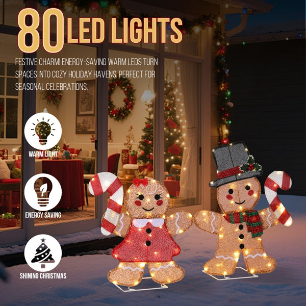Set Of 2 Lighted Gingerbread Man And Candy Cane Christmas Decorations, Pre-lit 2D Holiday Decor With 80 Warm White LED Lights For Xmas Outdoor Indoor Decor Lighted Holiday Displays