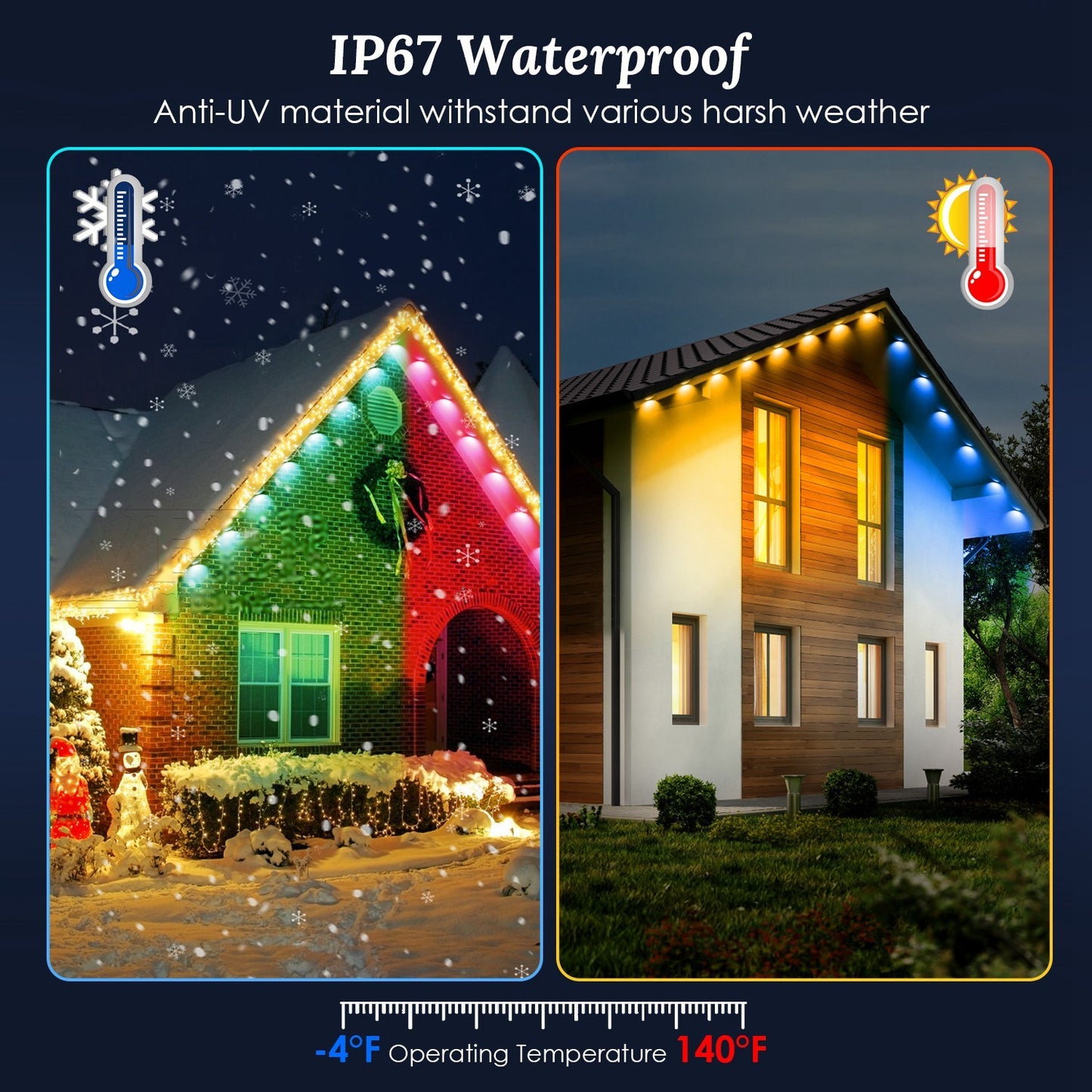 101FT Length Permanent Outdoor Lights With 72Pcs RGB Beads IP67 Waterproof Smart Eave Light For Halloween Christmas Daily House Lighting Works With Alexa Google Assistant
