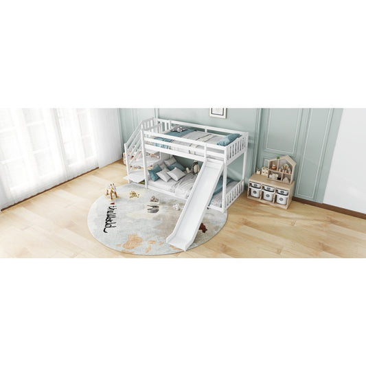 Bunk Bed With Stairs And Slide, Solid Pine Wood Frame, Children Bed, Storage Stairs, 90x190cm, White