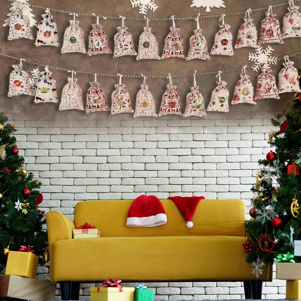 24 Stk Weihnachts-Advent-Kalender-Nummer-Taschen Weihnachts-Geschenk-Burlap-Ziehstring-Taschen DIY-Zahldown-Advent-Kalender-Set Mit Seil Und Klippen Fur Weihnachts-Haus-Dekorationen-Geschenk