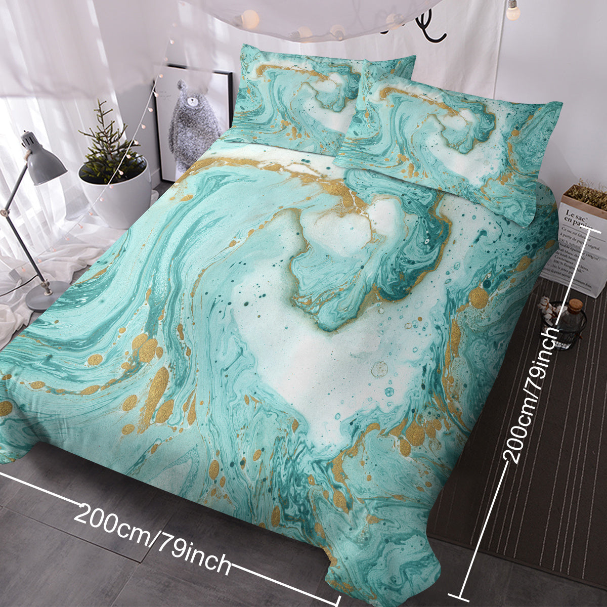 Chic Girly Marble Duvet Cover Mint Gold Glitter Turquoise Bedding Comforter Set Abstract Aqua Teel Blue Duvet Cover