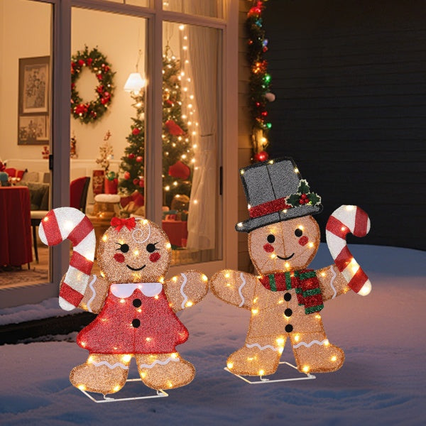 Set Of 2 Lighted Gingerbread Man And Candy Cane Christmas Decorations, Pre-lit 2D Holiday Decor With 80 Warm White LED Lights For Xmas Outdoor Indoor Decor Lighted Holiday Displays