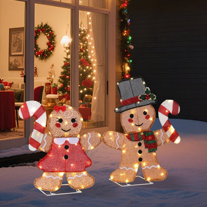 Set Of 2 Lighted Gingerbread Man And Candy Cane Christmas Decorations, Pre-lit 2D Holiday Decor With 80 Warm White LED Lights For Xmas Outdoor Indoor Decor Lighted Holiday Displays