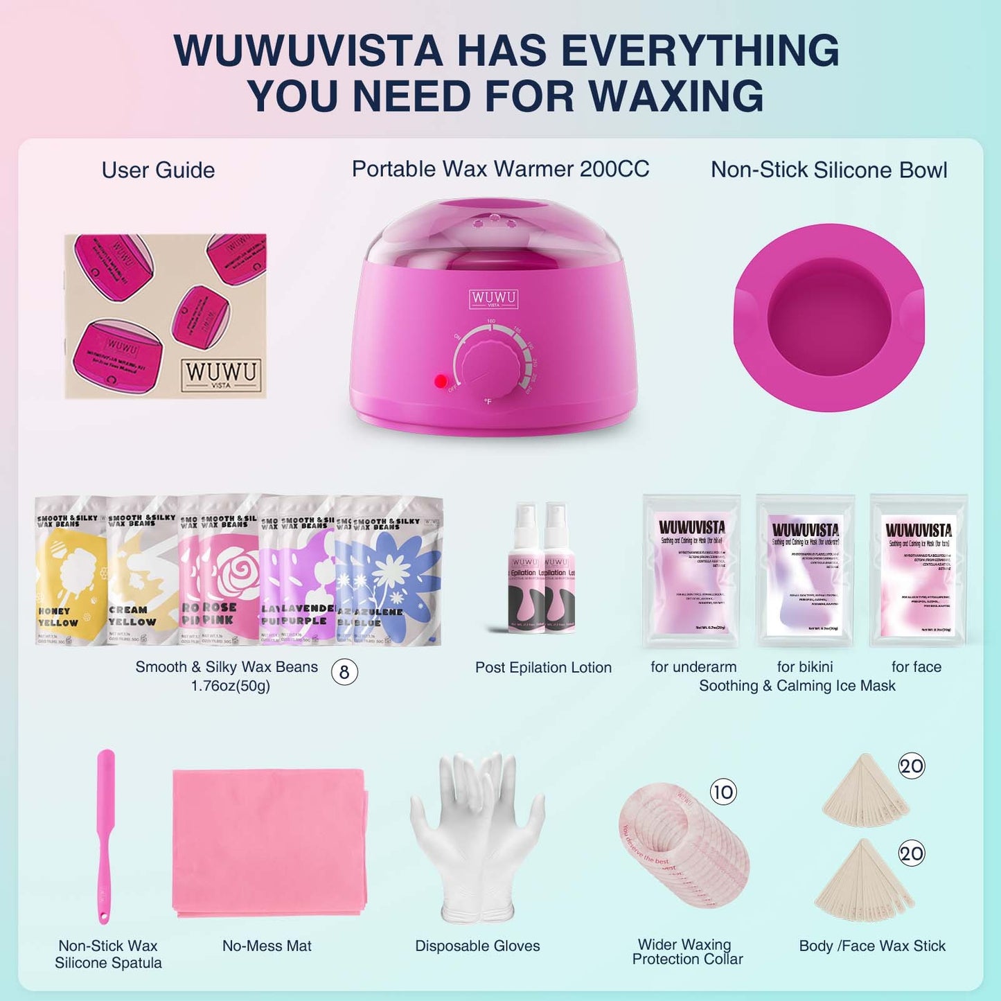 Waxing Kit WUWUVISTA 69 Items Hair Removal Wax Kit With Wax Warmer Waxing Beads For Face, Brazilian, Full Body, Bikini, Sensitiive Skin Skin Suitable For Plugs Of American, European Specification