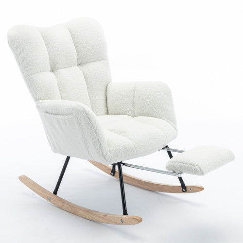 New Modern Teddy Fabric Tufted Upholstered Rocking Chair With Pull-out Footrest