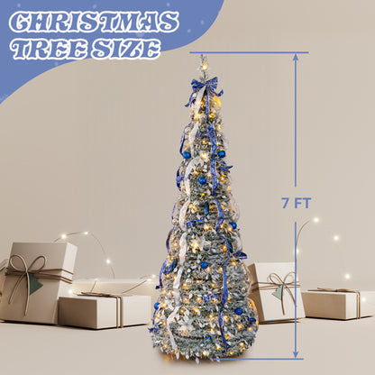 7 FT Snow Flocked Pre-lit Artificial Pop Up Christmas Tree With 200 Warm Lights And Blue & Silver Ornaments For Home Office Store Holiday Deco