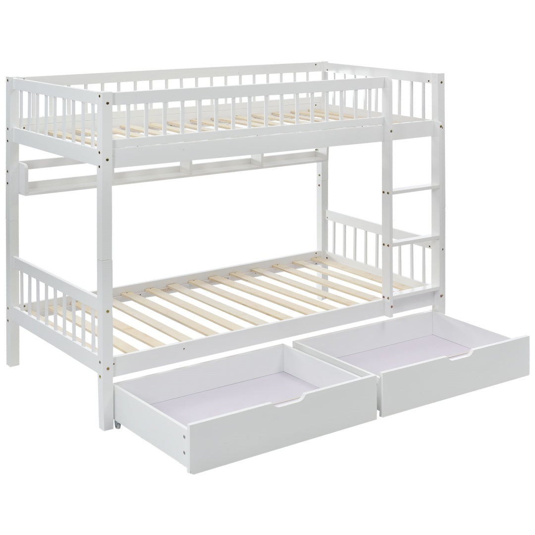 Bunk Bed, Kids Children, 3FT Solid Pine Wood Single Bed Frame & Under Bed Slide Drawer Storage, With Shelf, White 90x190cm