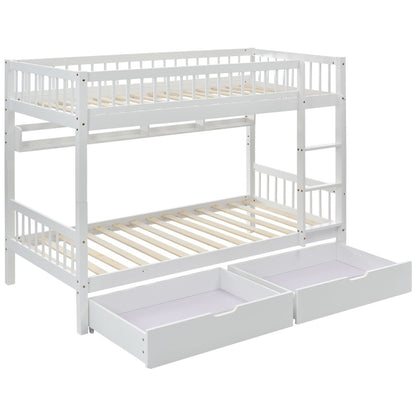 Bunk Bed, Kids Children, 3FT Solid Pine Wood Single Bed Frame & Under Bed Slide Drawer Storage, With Shelf, White 90x190cm