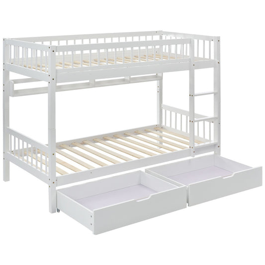 Bunk Bed, Kids Children, 3FT Solid Pine Wood Single Bed Frame & Under Bed Slide Drawer Storage, With Shelf, White 90x190cm