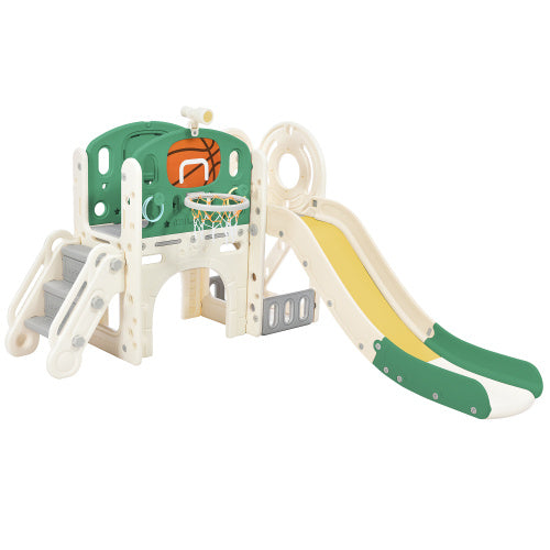 Children's Combo Slide, Features A Long Slide, Storage Box, Tunnel. Stair Ladder, Basketball Hoop And Passage Area.Toddler Slide. Easy Assembly And Convenient Storage. High-Quality Materials-HDPE.