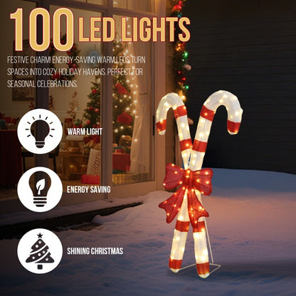 Lighted Candy Cane And Red Bowknot Christmas Decorations, Pre-lit 2D Holiday Decor With 100 Warm White LED Lights For Xmas Outdoor Indoor Decor Lighted Holiday Displays