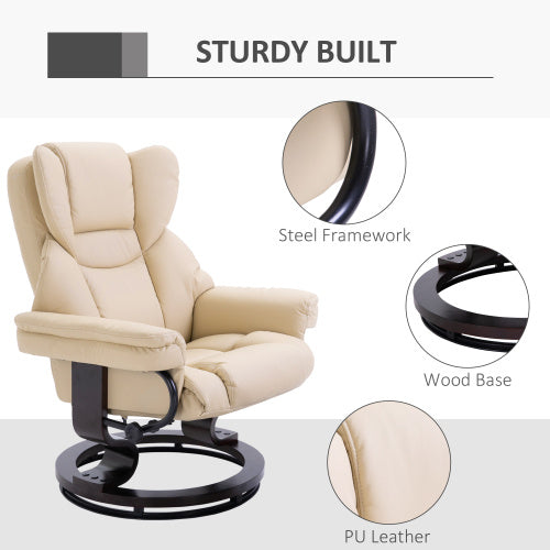 HOMCOM 360 Swivel Recliner Chair With Footstool, PU Leather Manual Recliner Armchair With Solid Wood Base, Upholstered Reclining Chair For Living Room, Bedroom, Office, Cream