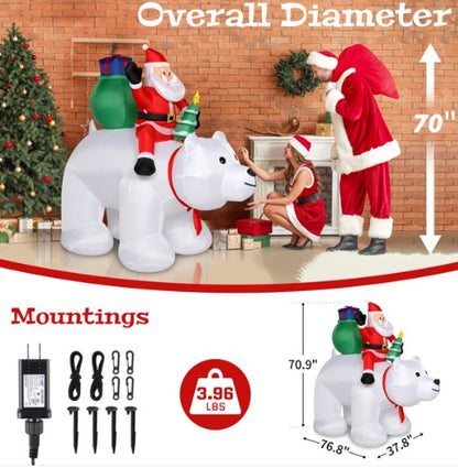 6ft 15W 7pcs LED Lights Santa Claus Rides Polar Bear Garden Santa Claus Decoration