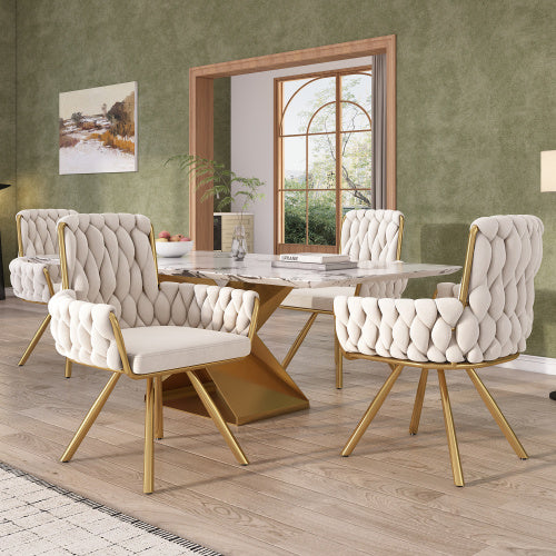 Velvet Dining Chair, Armchair, Single Luxurious Living Room And Bedroom Swivel Chair, Leisure Swivel Chair With Four Metal Support Legs, Beige