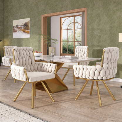 Velvet Dining Chair, Armchair, Single Luxurious Living Room And Bedroom Swivel Chair, Leisure Swivel Chair With Four Metal Support Legs, Beige