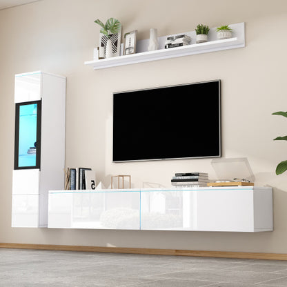 Set Of 3 TV Wall Unit, LED TV Stand, High Gloss TV Cabinet, White Living Room Furniture Sets Frontal Wall Unit, 1 X TV Cabinet, 1 X Living Room Display Cabinet, 1 X Hanging Shelf