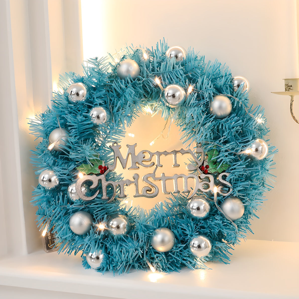 1 Piece Of 24-inch Blue-themed Garland, With Silver Balls And Christmas Letter Accessories, Optionally With Lights