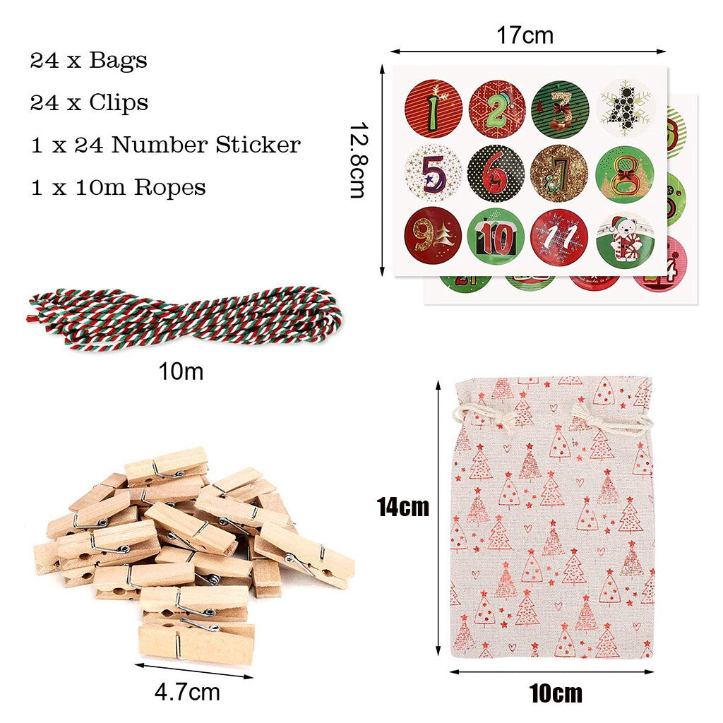24 Stk Weihnachts-Advent-Kalender-Nummer-Taschen Weihnachts-Geschenk-Burlap-Ziehstring-Taschen DIY-Zahldown-Advent-Kalender-Set Mit Seil Und Klippen Fur Weihnachts-Haus-Dekorationen-Geschenk