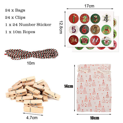 24 Stk Weihnachts-Advent-Kalender-Nummer-Taschen Weihnachts-Geschenk-Burlap-Ziehstring-Taschen DIY-Zahldown-Advent-Kalender-Set Mit Seil Und Klippen Fur Weihnachts-Haus-Dekorationen-Geschenk